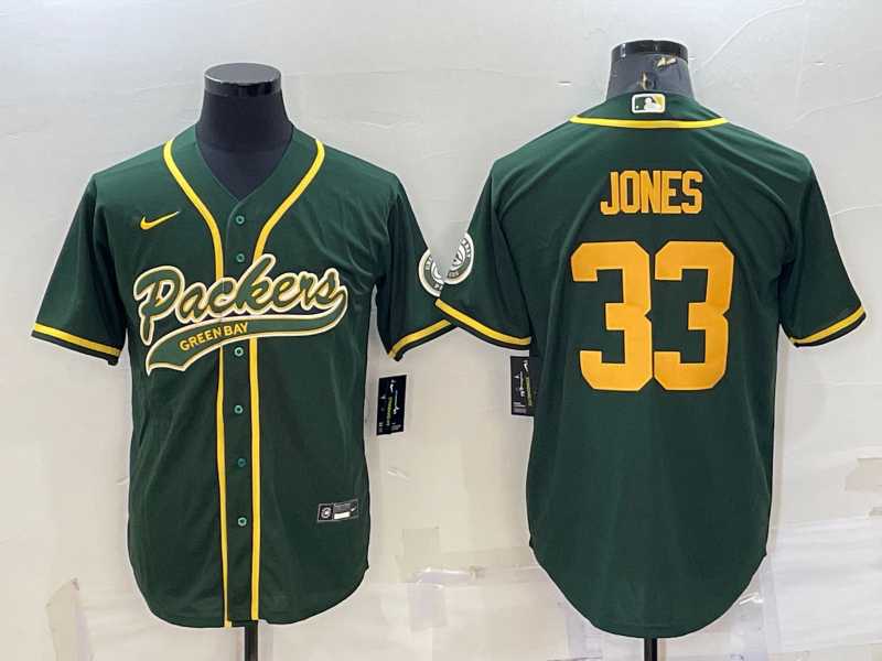 Mens Green Bay Packers #33 Aaron Jones Green Yellow With Patch Cool Base Stitched Baseball Jersey